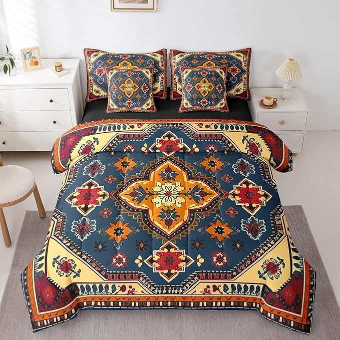 Erosebridal Vintage Bed in a Bag 7pcs Art Deco Bedding Set, Black Oriental Medallion Twin Size Comforter Set Himalayas Bohemian Bedding Comforter Sets, Boho Turkish Bed Set Lightweight Soft