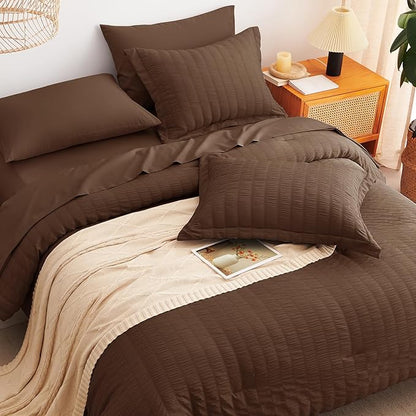 CozyLux Twin Comforter Set with Sheets 5 Pieces, Brown Seersucker Textured Bed in a Bag, Luxury Soft Bedding Set with Down Alternative Comforter, Sheets, Pillowcases & Shams for All Seasons
