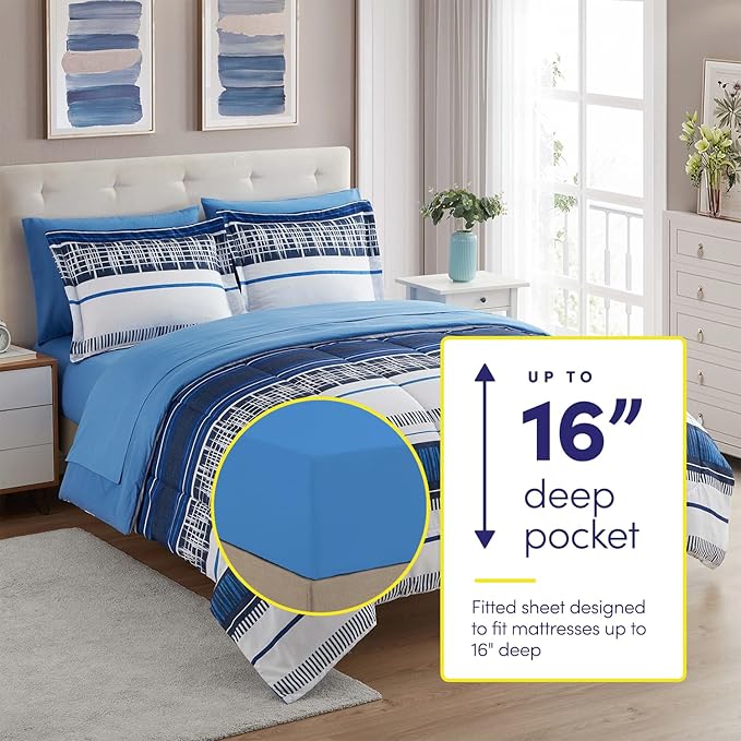 Sweet Home Collection 7 Piece Comforter Set Bag Solid Color All Season Soft Down Alternative Blanket & Luxurious Microfiber Bed Sheets, Mediterranean, King