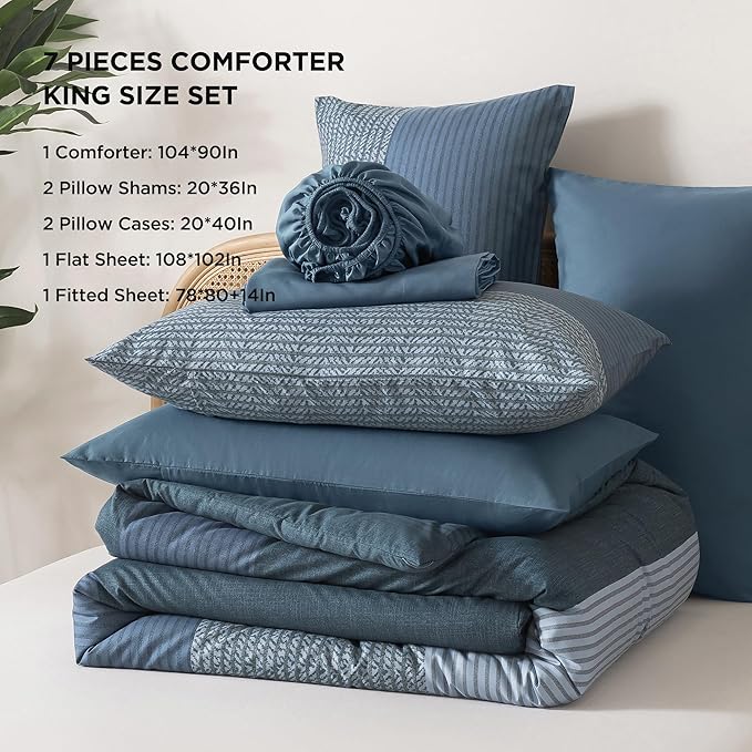 Andency King Size Comforter Set Haze Blue - 7 Pieces Striped Lightweight Bed in a Bag, Soft Microfiber Reversible Bedding Set with Comforter, Fitted & Flat Sheet, Pillowcases & Shams