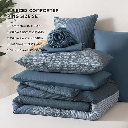 Andency King Size Comforter Set Haze Blue - 7 Pieces Striped Lightweight Bed in a Bag, Soft Microfiber Reversible Bedding Set with Comforter, Fitted & Flat Sheet, Pillowcases & Shams