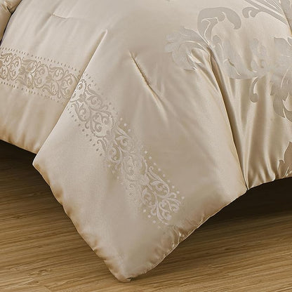 Chezmoi Collection Valor 7-Piece Queen Bed in a Bag, Champagne Luxury Jacquard Floral Comforter with Sheets Set for All Season