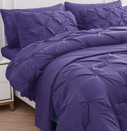 LANE LINEN King Comforter Set With Sheets - 7 Piece Pintuck Detailing Ready to Style Bed in a Bag - All Season Comforter, Sheets, Pillowcases & Shams - Clean & Apartment Friendly King Bed Set – Purple | Clean bed look, Light daily comfort, Soft sleep s...