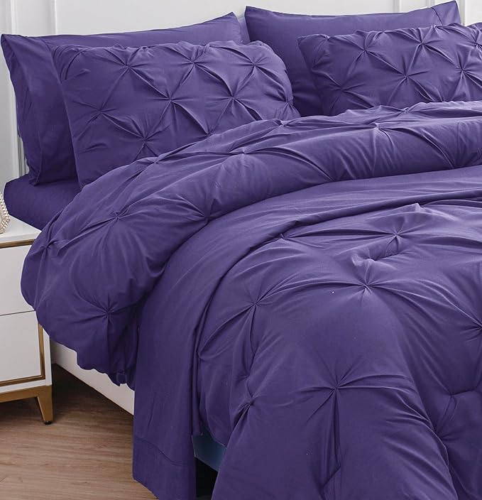 LANE LINEN Full Size Comforter Set - 7 Piece Bed in a Bag Hotel-Style Pintuck Stitch - All Season Bedding Set with Comforter, Flat Sheet, Fitted Sheet, Pillowcases & Shams - Soft Cozy Bed Set - Purple | Cozy microfiber, Easy maintenance, Easy maintenan...