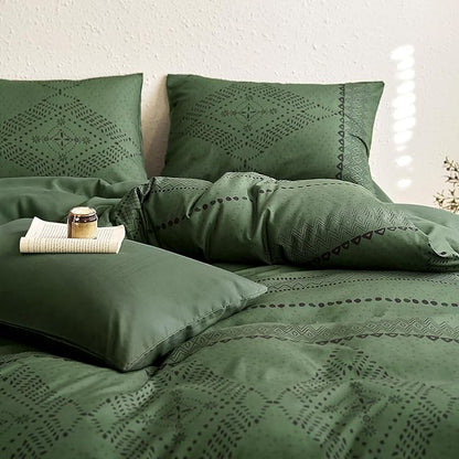 Wake In Cloud - Boho Comforter Set, Farmhouse Bohemian Western Aztec Neutral Aesthetic, Soft Lightweight Bedding, 3 Pieces, Dark Olive Green, Queen Size