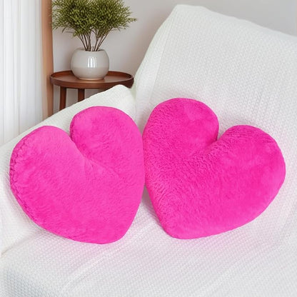 2 Pcs Hot Pink Heart Pillow Decorative Throw Pillows 16-inch Cute Soft Fluffy Heart Shaped Pillows for Bed Couch Sofa Bedroom Living Room Decor Aesthetic (Hot Pink, 16"x13.78")