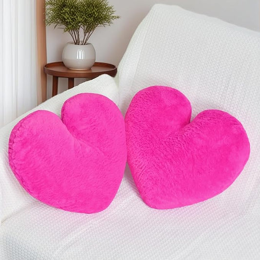 2 Pcs Hot Pink Heart Pillow Decorative Throw Pillows 16-inch Cute Soft Fluffy Heart Shaped Pillows for Bed Couch Sofa Bedroom Living Room Decor Aesthetic (Hot Pink, 16"x13.78")