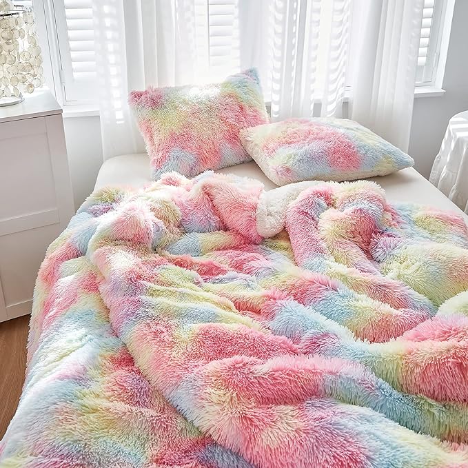 Luxury Faux Fur Shaggy Comforter Set King Size, Plush & Sherpa Reversible Comforter Tie Dye Rainbow, 3 Pieces Fluffy Fuzzy Bedding Set Ultra Soft and Warm for Winter (1 Comforter + 2 Pillowcases)