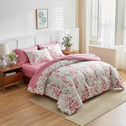 Pink Floral Comforter Sheet Set Bed in a Bag Twin Pink Gray Leaves 6 Pieces Bedding Set (1 Comforter 2 Pillow Shams 1 Flat Sheet 1 Fitted Sheet 1 Pillowcases)