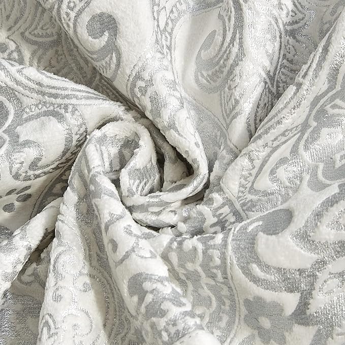 Sunshine Nicole Metallic Print Comforter Set, Distressed Velvet Face with Metallic Print and Brushed Solid Microfiber Reverse, with Light Weight Soft Poly Fill, 5 Pieces Light Ivory Silver, Queen