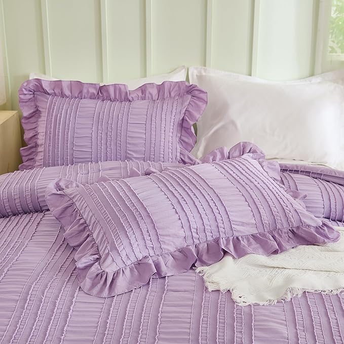 WONGS BEDDING Purple Comforter Set Queen,3 Pieces Ruffle Farmhouse Shabby Chic Comforter for Queen Bed,Soft Seersucker Textured Boho Bedding Set with 1 Ruffle Comforter,2 Tufted Pillowcases 90"×90"