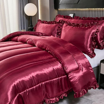 Silk Like Queen Comforter Satin Bedding 4 Pcs Hotel Soft Polyester Burgundy Bed Set Luxury Silky Body Pillow Cover Ruffle Home Decor