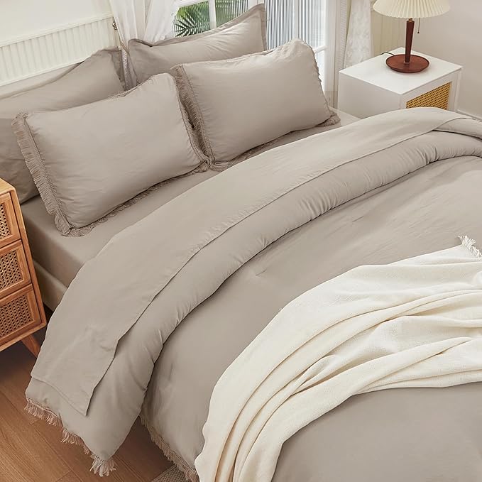 Andency Wheat California King Size Comforter Set with Sheets - 7 Pieces Boho Tassel Bed in a Bag Soft Lightweight Bedding Sets, Wheat Fringe Bed Set with Comforter, Sheets, Pillowcases & Shams