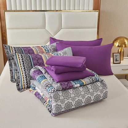 Cottolester Boho Comforter Set Full Size 8 Piece Bed in a Bag Bohemian Striped Bedding Quilt Set Purple Paisley Floral Comforter and Sheet Set,Soft Microfiber Complete Bedding Sets for All Season
