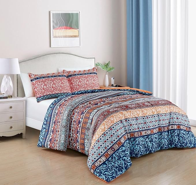Chezmoi Collection Shore 3-Piece Boho Stripe Queen Comforter Set - Medallion Floral Colorful Navy Blue Orange Red White Bohemian Printed Microfiber Lightweight Bedding Comforter Set