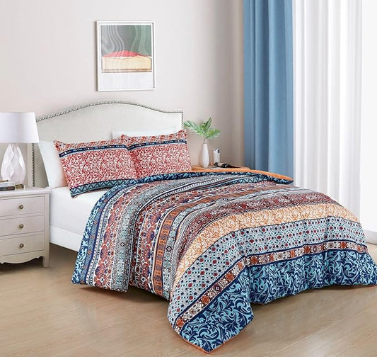 Chezmoi Collection Shore 3-Piece Boho Stripe Queen Comforter Set - Medallion Floral Colorful Navy Blue Orange Red White Bohemian Printed Microfiber Lightweight Bedding Comforter Set