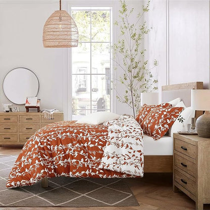 Terracotta Comforter Set, Twin Size, Vivid Leaves Branch 2 Pieces Bedding Set, Soft Polyester Microfiber Print, All Seasons, 1 Lightweight Comforter and 1 Pillow Sham