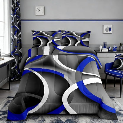 Stripes Comforter Set Queen Kids Boys Teens Gray Black Blue Swirls Room Decor Abstract Stripes Circle Bedding Set,Lightweight Modern Simple Style Duvet,Youth Young Man Quilt,1 Comforter+2 Pillowcase