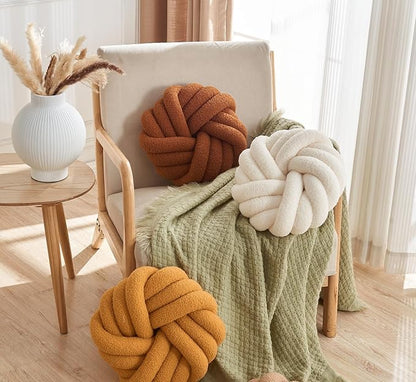 Khaki Knot Pillow 13.7'' Round Throw Pillow Soft Plush Knot Ball Pillow Handmade Knotted Pillow Modern Home Decorative Knotted Pillow Cushion for Bed Bedroom, Sofa, Couch