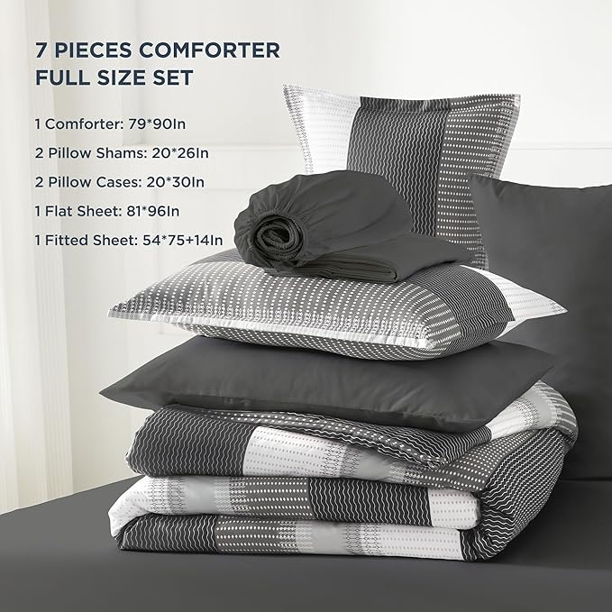 Andency Full Size Comforter Set Dark Grey - 7 Pieces Grey Striped Lightweight Bed in a Bag, Soft Microfiber Reversible Bedding Set with Comforter, Fitted & Flat Sheet, Pillowcases & Shams