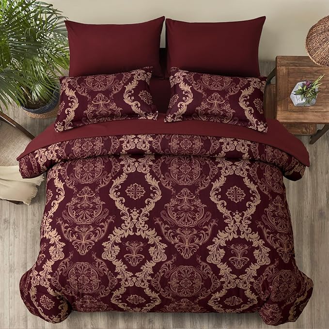 WONGS BEDDING Burgundy Comforter Set Full Size, Maroon Damask Texture 7 Pieces Bed in a Bag Microfiber Comforter Bedding Sets -1 Comforter, 1 Flat Sheet, 1 Fitted Sheet, 2 Pillow Shams,2 Pillowcases