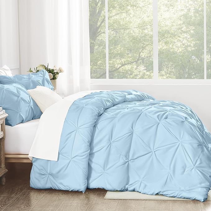 Andency Light Blue Pinch Pleat Comforter Full(79x90Inch), 3 Pieces(1 Down Alternative Comforter and 2 Pillowcases) Light Blue Bed Set Microfiber Pintuck Bedding Set