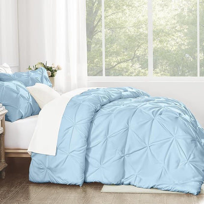 Andency Light Blue Queen Comforter Set, 3 Piece All Season Decorative Pintuck Bedding Comforter & Sets, Light Blue Soft Microfiber Lightweight Washable Bed Set for Queen Size Bed