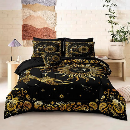 Black Gold Comforter Sets Sun and Moon Bedding Gold Stars Starry Sky Galaxy Theme Boho Chic Bedding Comforter Paisley Floral Botanical Exotic Comforter King Bed in A Bag