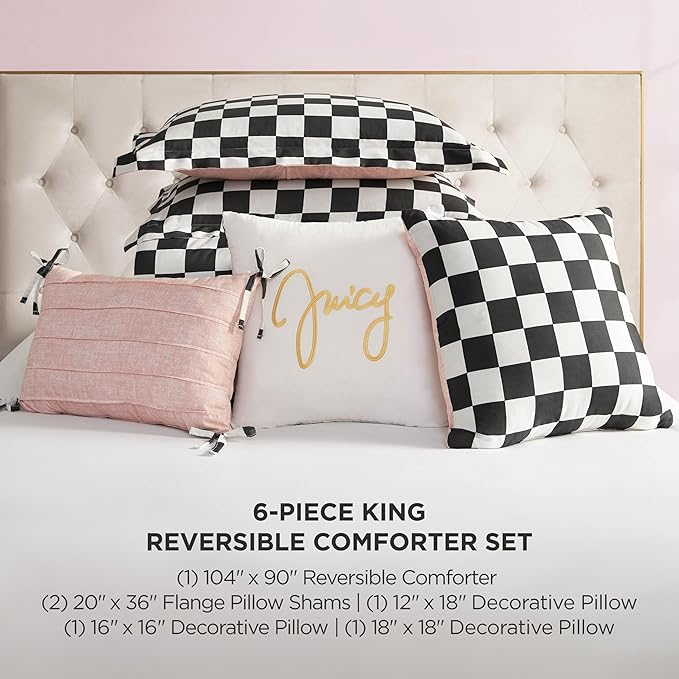 Juicy Couture Reversible Checkerboard Comforter Set 6-Piece King Set, Black/White