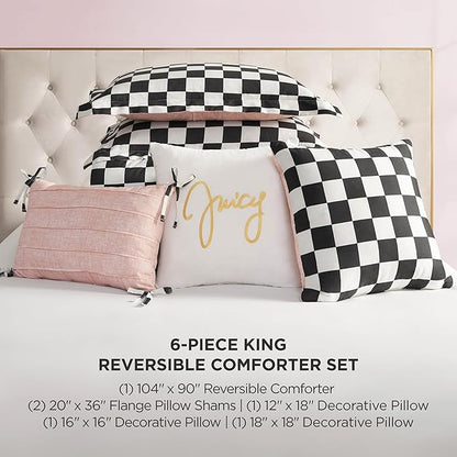 Juicy Couture Reversible Checkerboard Comforter Set 6-Piece King Set, Black/White