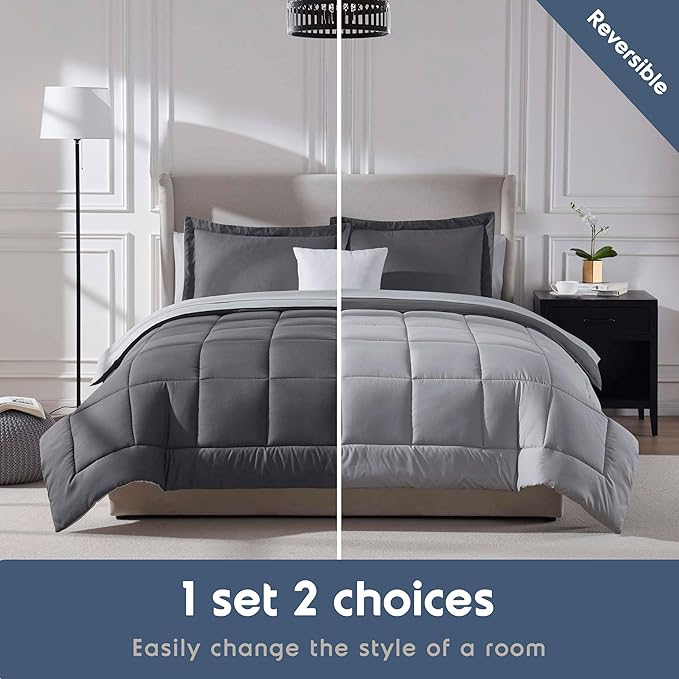 Nestl 7 Piece Full Comforter Set – Dark Grey Reversible Bed in a Bag – Complete Full Size Bedding Set with Sheets, Pillowcases and Shams