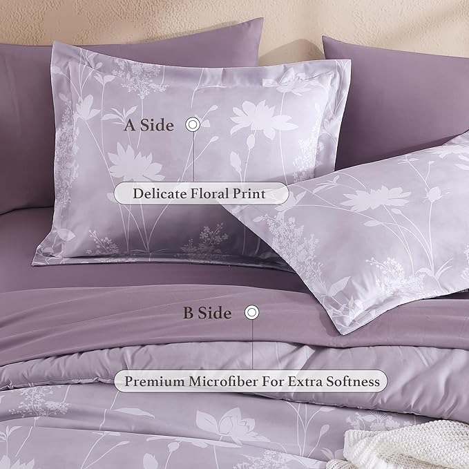 Twin XL Comforter Set -5 Pieces Floral Lavender Purple Bedding Set for All Seasons, Bed in a Bag with Botanical Flowers Comforter, Sheets, Pillowcase & Sham