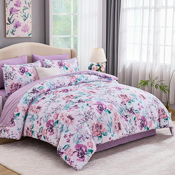 Luxudecor Floral Comforter Set King Size 7 Pieces Bed in a Bag, Purple Flower Watercolor Bed Set, Soft Comforter with Sheet Set 104"x90"