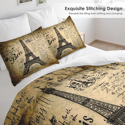 Comforter Set Queen Size, Paris Eiffel Tower Vintage 3 Pcs Soft Bedding Set for Kids and Adults, Vintage Love Retro Comforter Set with 2 Pillowcases, for Bedroom Bed Decor