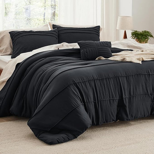 Bedsure Full Comforter Set - 4 Pieces Pinch Pleat Bed Set, Black Boho Bedding for All Season, 1 Soft Comforter, 2 Pillowcases, 1 Decorative Pillow