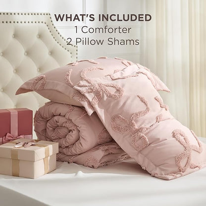 Bedsure Tufted Rose Pink Queen Size Comforter Sets, GentleSoft™ 3 Pieces Bow Cute Bedding Pink Room Decor, Gifts for Girls Teens Women, All Seasons, 1 Bed Comforter, 2 Pillow Shams, 90x90 Inches