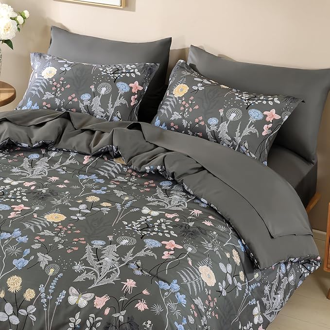 Yiran 7 Piece Grey Floral Comforter Set Queen Size, Botanical Flowers Bed in a Bag Queen, Soft Microfiber Complete Bedding Set with Sheets for All Season