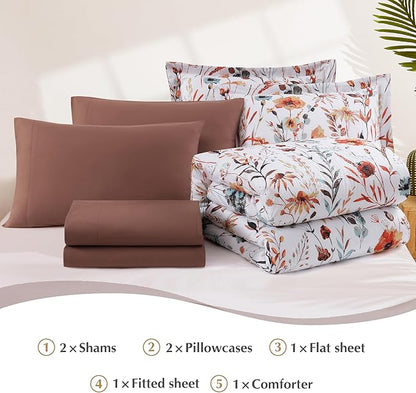CASAAGUSTO Queen Comforter Set, 7 PCS White Floral Comforter Set with Terracotta Flowers Leaves Pattern, Soft Seersucker Design All Season Queen Bedding Set(90"X90")