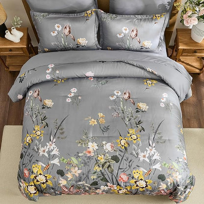 WONGS BEDDING Queen Comforter Set 7 Piece, Grey Floral Bed in a Bag Bedding Set with Botanical Flowers Patterns, Soft Lightweight Complete Comforters with Sheets for All Season