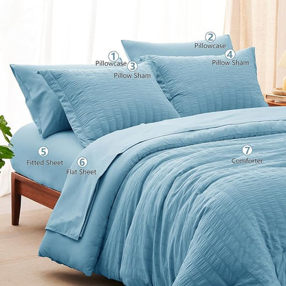 CozyLux Full Size Comforter Sets with Sheets Seersucker 7 Pieces Sky Blue Bed in a Bag Textured Luxury Soft Bedding Set with Down Alternative Comforter, Sheets, Pillowcases & Shams for All Seasons