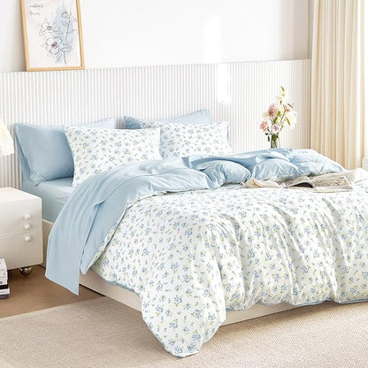 Wake In Cloud - Floral Comforter Set with Sheets, Coquette Cottagecore Aesthetic Flower Shabby Chic Pattern for Women Teen Girls, 7 Pieces Bed in a Bag, White Blue, Queen Size