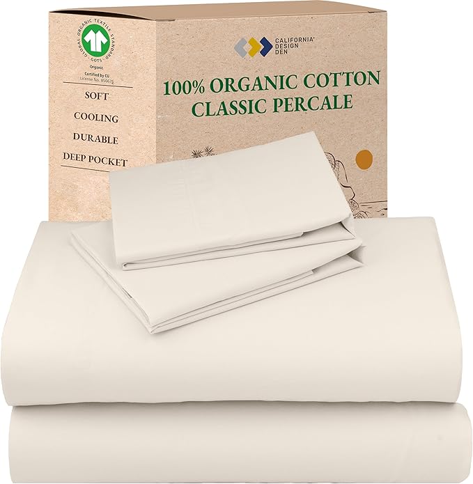 California Design Den King Sheets Set - Soft 100% Organic Cotton Sheets with Deep Pockets, Crisp Percale, Breathable and Durable Bedding Set - Ivory (Cream Tone)