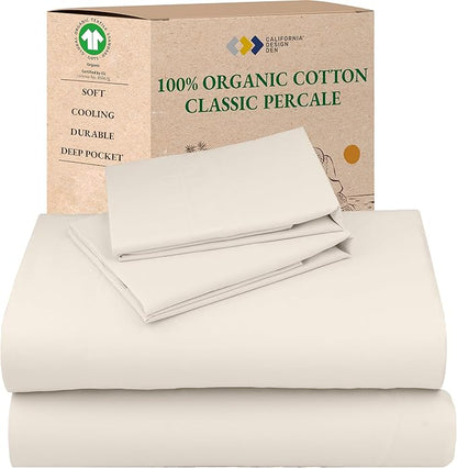 California Design Den Cal King Sheet Set - Soft 100% Organic Cotton Percale Sheets with Deep Pockets, Crisp, Breathable and Durable Bedding Set - Ivory (Cream Tone)