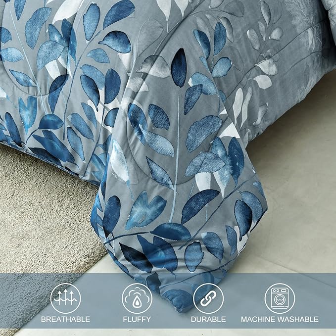 Anibedding Blue Comforter Set Queen Size 7 Piece Navy Botanical Gradient Leaves Ultra Soft Microfiber Down Alternative Bedding Set Lightweight Reversible Bed Comforter Set for All Season 90" x 90"