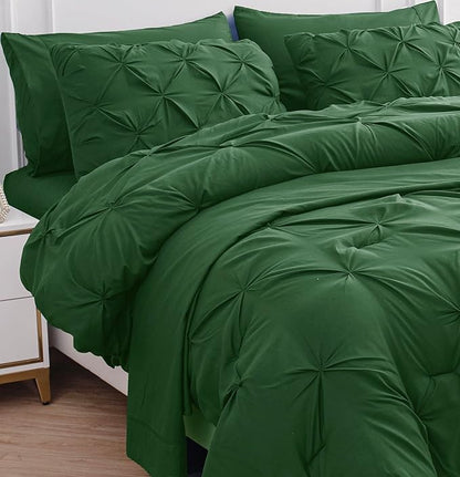 LANE LINEN King Size Comforter Set - 7 Piece - Refined Pintuck Finish for Hotel Style Bedding Sets - Breathable Microfiber King Bed in a Bag - Durable & Fade Resistant King Size Bed Set - Olive Green | Hotel style look, Breathable comfort, Fade resista...