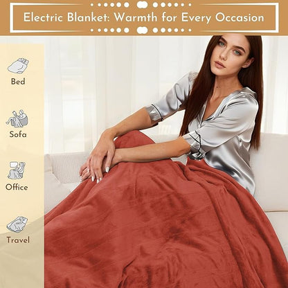Electric Heated Blanket 84"x90" Queen Size Flannel Heated Blanket, Cozy & Warm for All Night, 5 Heat Settings & 10 Hours Auto Off, Machine Washable, Brick Red