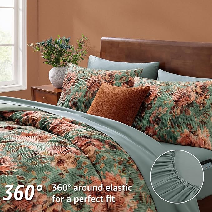CASAAGUSTO King Comforter Set, 7 PCS Sage & Red Floral Comforter Set with Flowers Leaves Pattern, Soft Velvet Design for Winter King Size Bedding Set(102"X90")