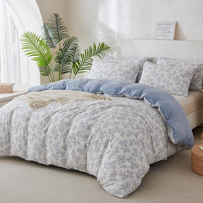 Comforter Set King Floral Soft Cute Bedding Sets Garden Style Blue Flower Print Botanical Floral Comforter for All Seasons and 1 Pillowcases