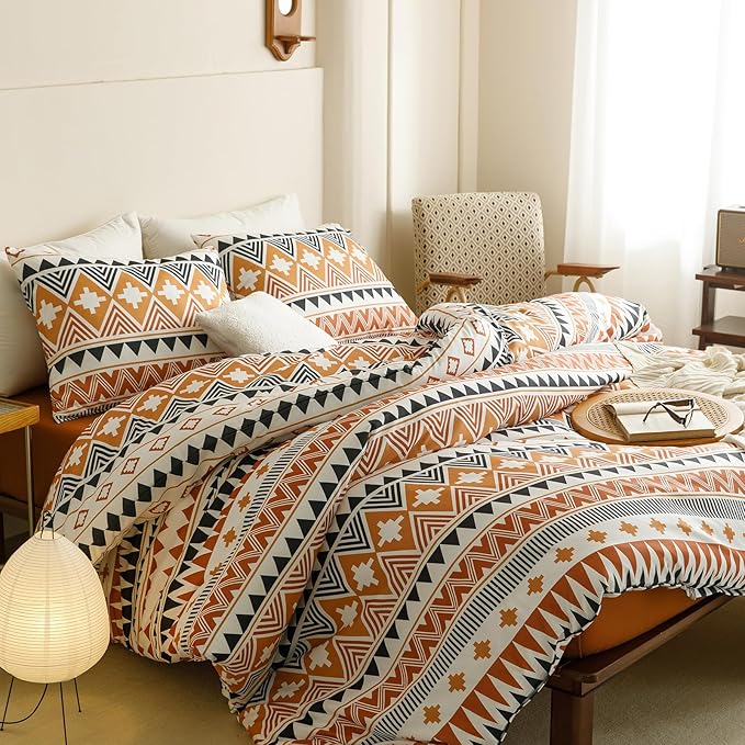 Cottonight Aztec Orange Black Comforter Set King Western Boho Bedding Comforter Set Vintage Rustic Women Men Blanket Quilts Ethnic Folkloric Bohemian Farmhouse Comforter Set King Size