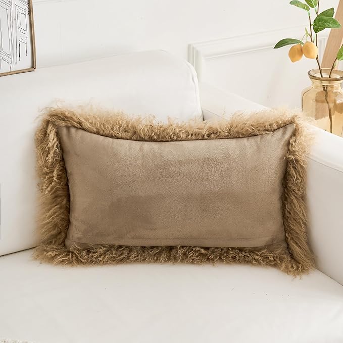 Genuine Mongolian Lamb Fur Pillow Cover – 12"x20" Rectangular Cushion Case – Soft Curly Wool Decorative Accent for Sofa, Bed, or Chair(Dark Beige)